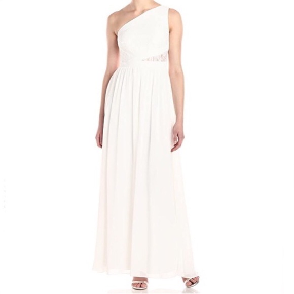 NWT Aidan Mattox Lace Peekaboo One Shoulder Chiffon Ivory Maxi Dress Size 0 - Picture 1 of 14